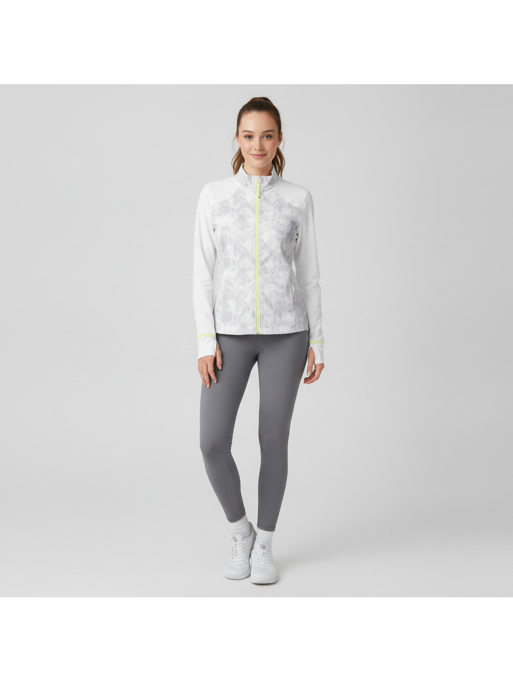 Mondetta Women's Lightweight White and Gray Activewear Jacket with Yellow Accent